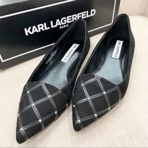 KARL LAGERFELD PARIS Nala Pointy Toe Flat (Black Suede, Size 6.5M)